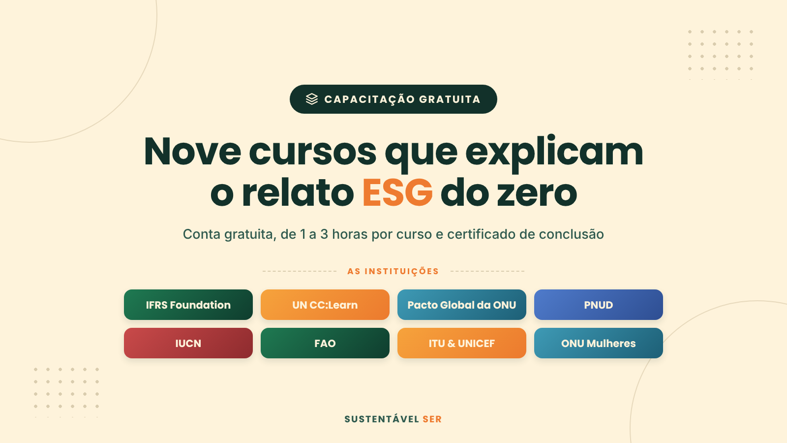 Capa do post "Nove cursos que explicam o relato ESG do zero", com os nomes das instituições: IFRS Foundation, UN CC:Learn, Pacto Global da ONU, PNUD, IUCN, FAO, ITU e UNICEF, ONU Mulheres